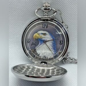 Vintage Avon Al Agnes Pocket Watch Eagle Silver Tone Chain Box New NIB NWT